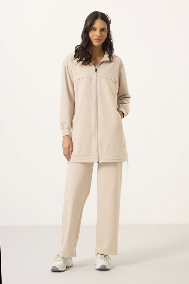 Ekru Dik Yaka Fermuarlı Pamuklu Kadın Eşofman Tunik Takım - 95346 - 3