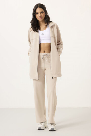 Ekru Dik Yaka Fermuarlı Pamuklu Kadın Eşofman Tunik Takım - 95346 