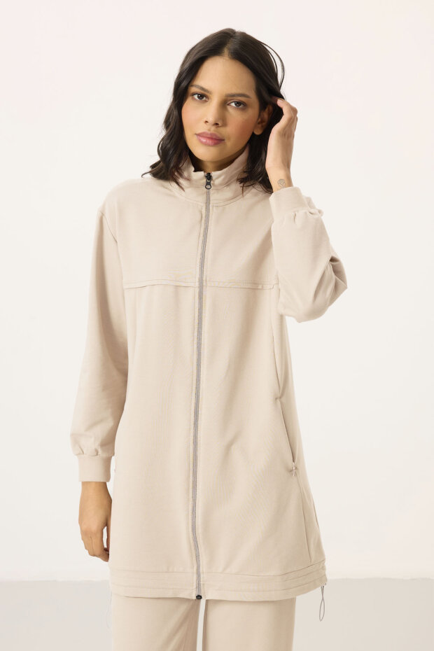 Ekru Dik Yaka Fermuarlı Pamuklu Kadın Eşofman Tunik Takım - 95346 - 5