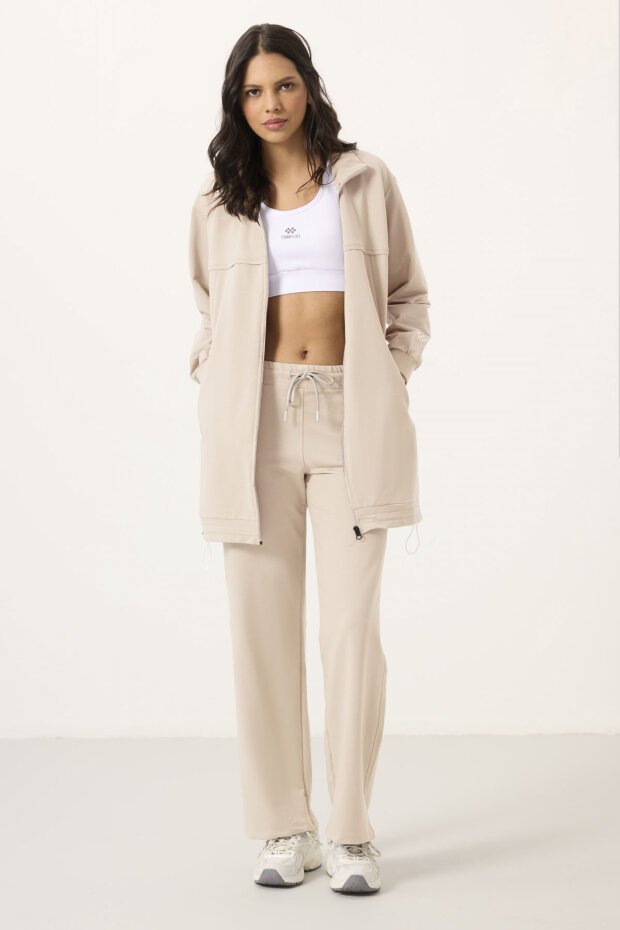 Ekru Dik Yaka Fermuarlı Pamuklu Kadın Eşofman Tunik Takım - 95346 - 1