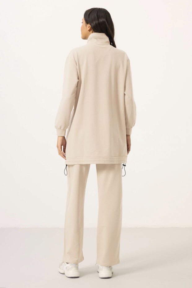 Ekru Dik Yaka Fermuarlı Pamuklu Kadın Eşofman Tunik Takım - 95346 - 7