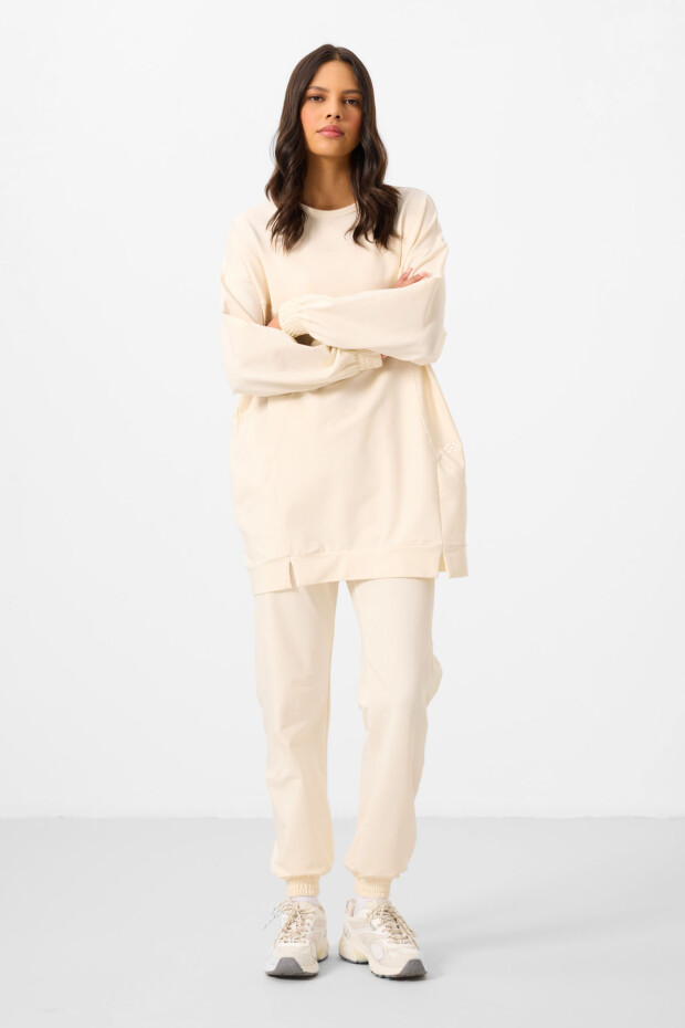 Ekru O Yaka Basic Oversize Kadın Eşofman Tunik Takım - 95347 - 3