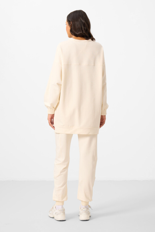 Ekru O Yaka Basic Oversize Kadın Eşofman Tunik Takım - 95347 - 7