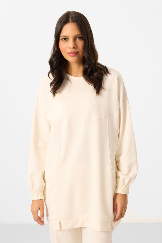 Ekru O Yaka Basic Oversize Kadın Eşofman Tunik Takım - 95347 - 5