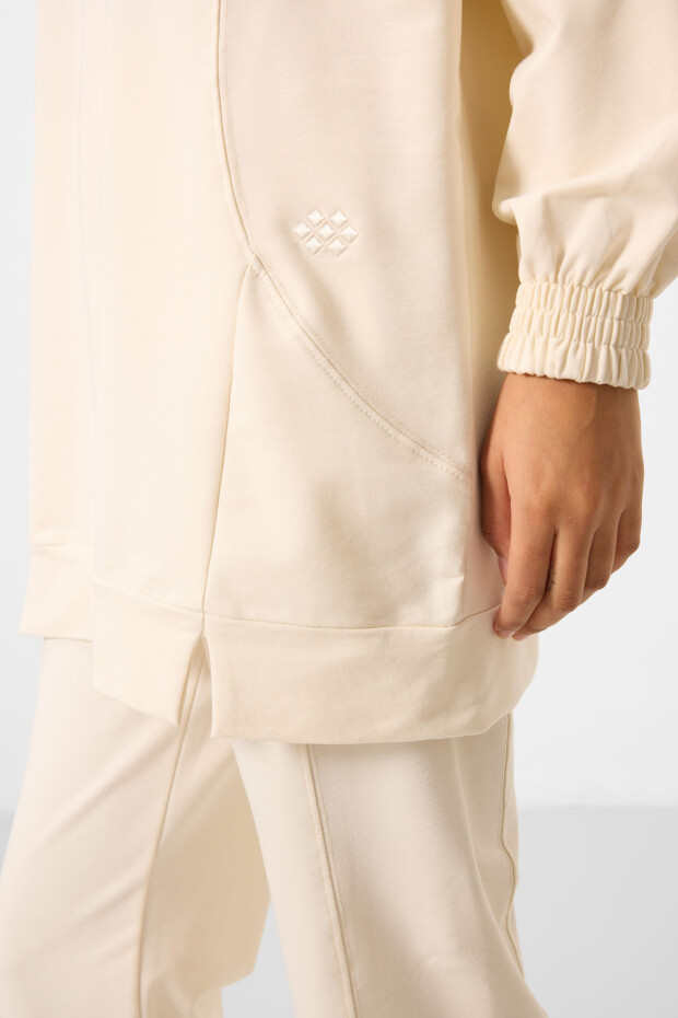 Ekru O Yaka Basic Oversize Kadın Eşofman Tunik Takım - 95347 - 4