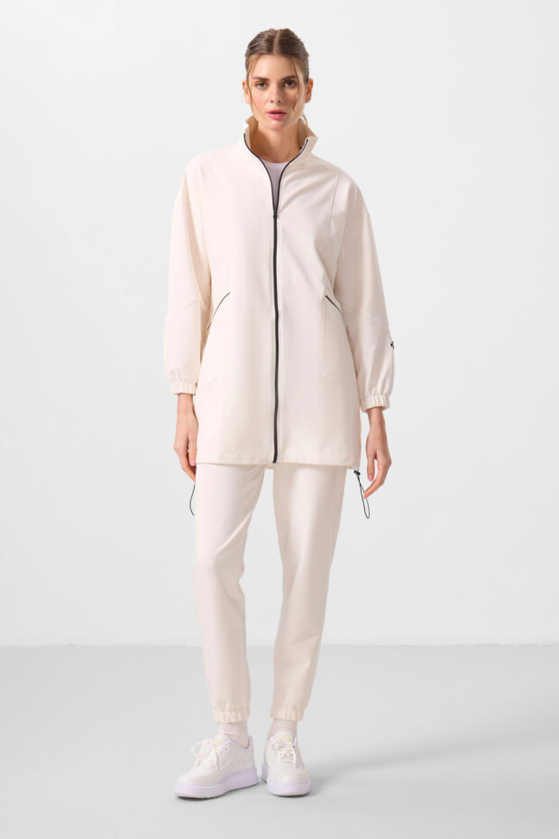 Ekru Dik Yaka Fermuarlı Rahat Form Kadın Eşofman Tunik Takım - 95345 - 5