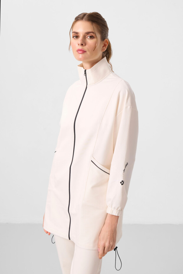 Ekru Dik Yaka Fermuarlı Rahat Form Kadın Eşofman Tunik Takım - 95345 - 3