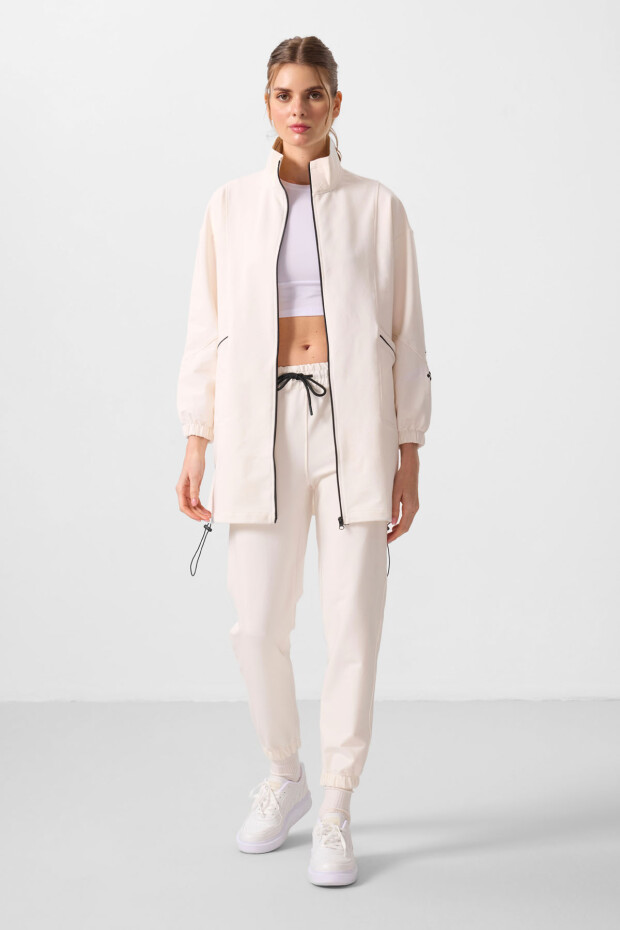 Ekru Dik Yaka Fermuarlı Rahat Form Kadın Eşofman Tunik Takım - 95345 - 1