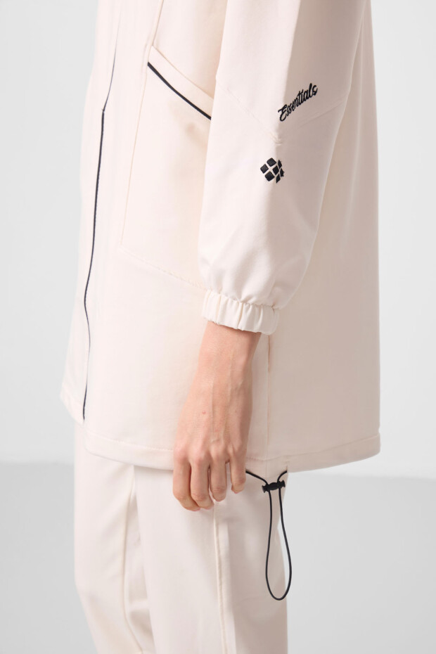 Ekru Dik Yaka Fermuarlı Rahat Form Kadın Eşofman Tunik Takım - 95345 - 4