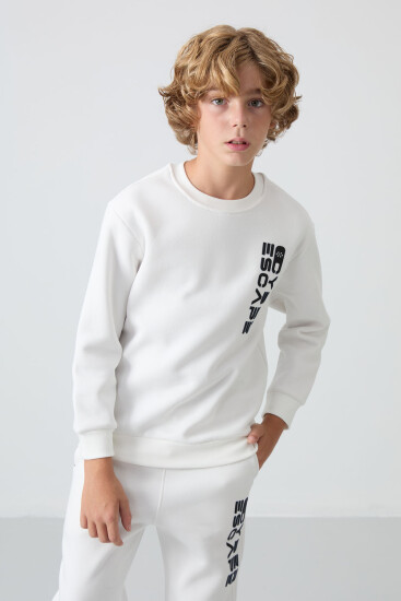 Ekru Pamuklu Kalın İçi Tüylü Yumuşak Dokulu Standart Fit Baskılı Erkek Çocuk Eşofman Takım - 11233 - TOMMYLIFE (1)