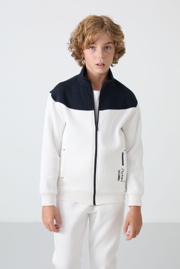 Ekru Pamuklu Kalın İçi Tüylü Yumuşak Dokulu Standart Fit Nakışlı Erkek Çocuk Eşofman Takım - 11240 - TOMMYLIFE (1)