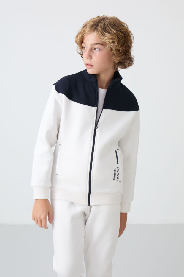 Ekru Pamuklu Kalın İçi Tüylü Yumuşak Dokulu Standart Fit Nakışlı Erkek Çocuk Eşofman Takım - 11240 - 5