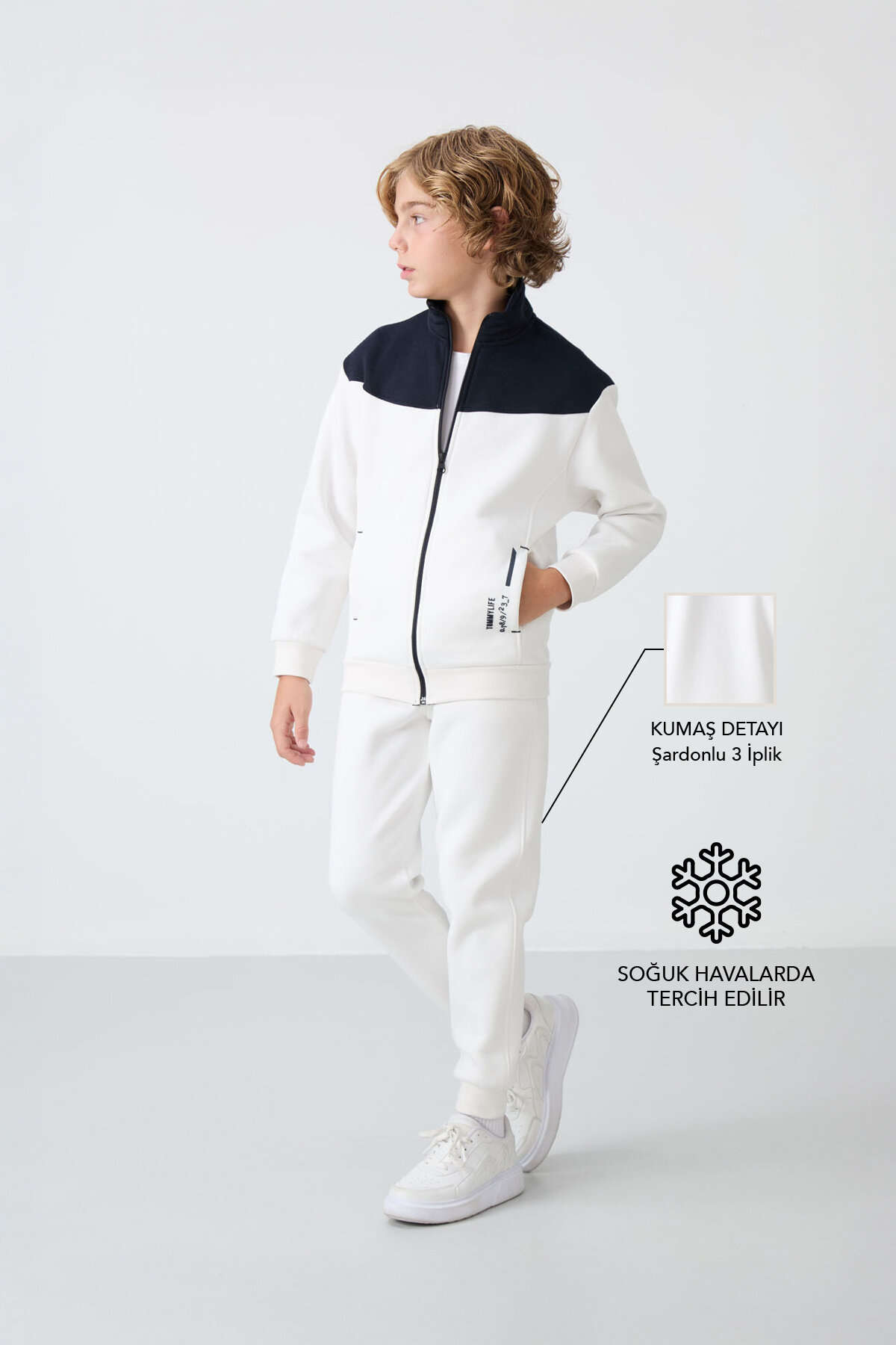 Ekru Pamuklu Kalın İçi Tüylü Yumuşak Dokulu Standart Fit Nakışlı Erkek Çocuk Eşofman Takım - 11240 - TOMMYLIFE