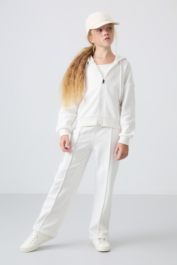 Ekru Pamuklu İçi Tüylü Yumuşak Dokulu Standart Fit Nakışlı Kız Çocuk Eşofman Takım - 75161 - 1