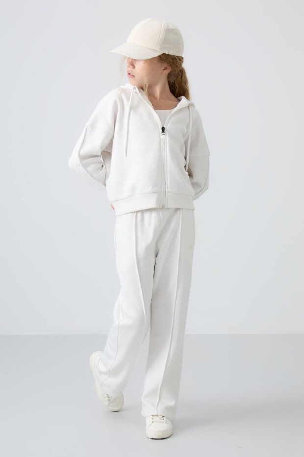 Ekru Pamuklu İçi Tüylü Yumuşak Dokulu Standart Fit Nakışlı Kız Çocuk Eşofman Takım - 75161 - 3