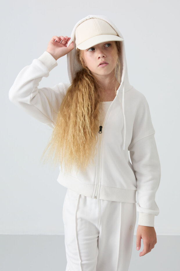 Ekru Pamuklu İçi Tüylü Yumuşak Dokulu Standart Fit Nakışlı Kız Çocuk Eşofman Takım - 75161 - 5