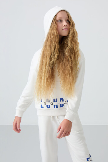 Ekru Pamuklu İçi Tüylü Yumuşak Dokulu Oversize Baskılı Kız Çocuk Eşofman Takım - 75147 - TOMMYLIFE (1)