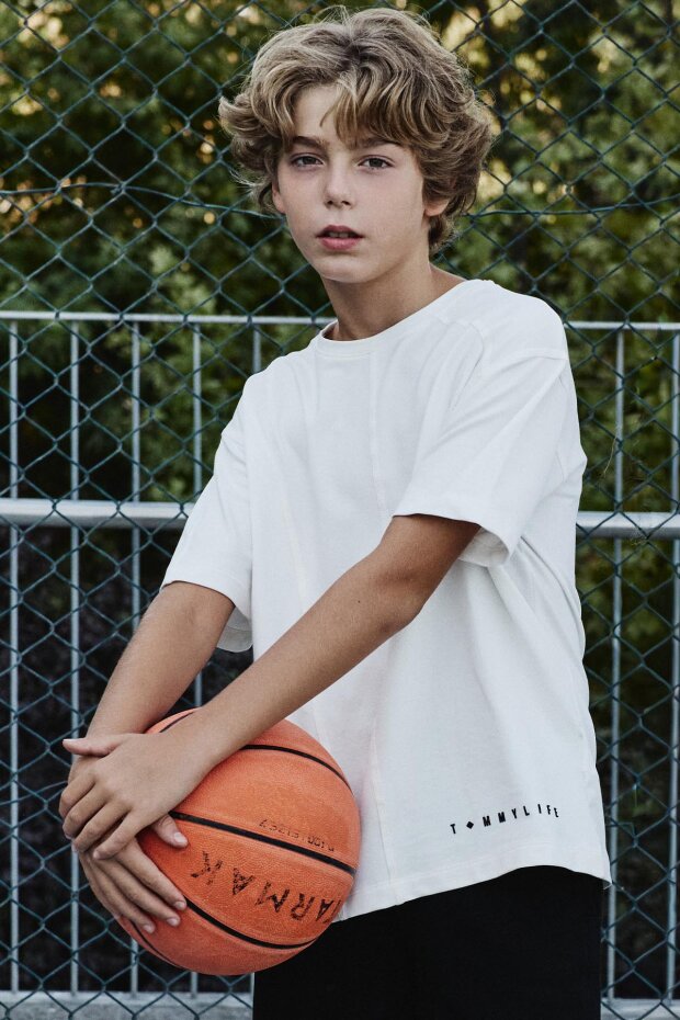 Ekru Pamuklu Yumuşak Dokulu Oversize Basic Erkek Çocuk T-Shirt - 11297 - 1