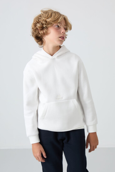 Ekru Pamuklu Kalın İçi Tüylü Yumuşak Dokulu Standart Fit Baskılı Erkek Çocuk Sweatshirt - 11215 