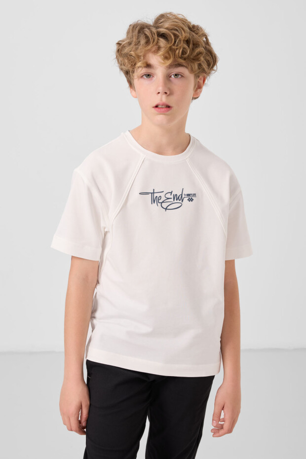 Ekru Pamuklu Yumuşak Dokulu Oversize Baskılı Erkek Çocuk T-Shirt - 11285