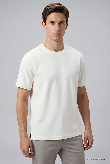 Ekru Rahat Form Esnek Nefes Alabilir Erkek T-Shirt - 88495 