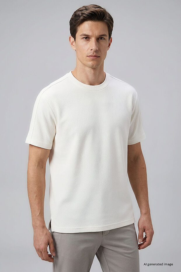 Ekru Rahat Form Esnek Nefes Alabilir Erkek T-Shirt - 88495 - 1