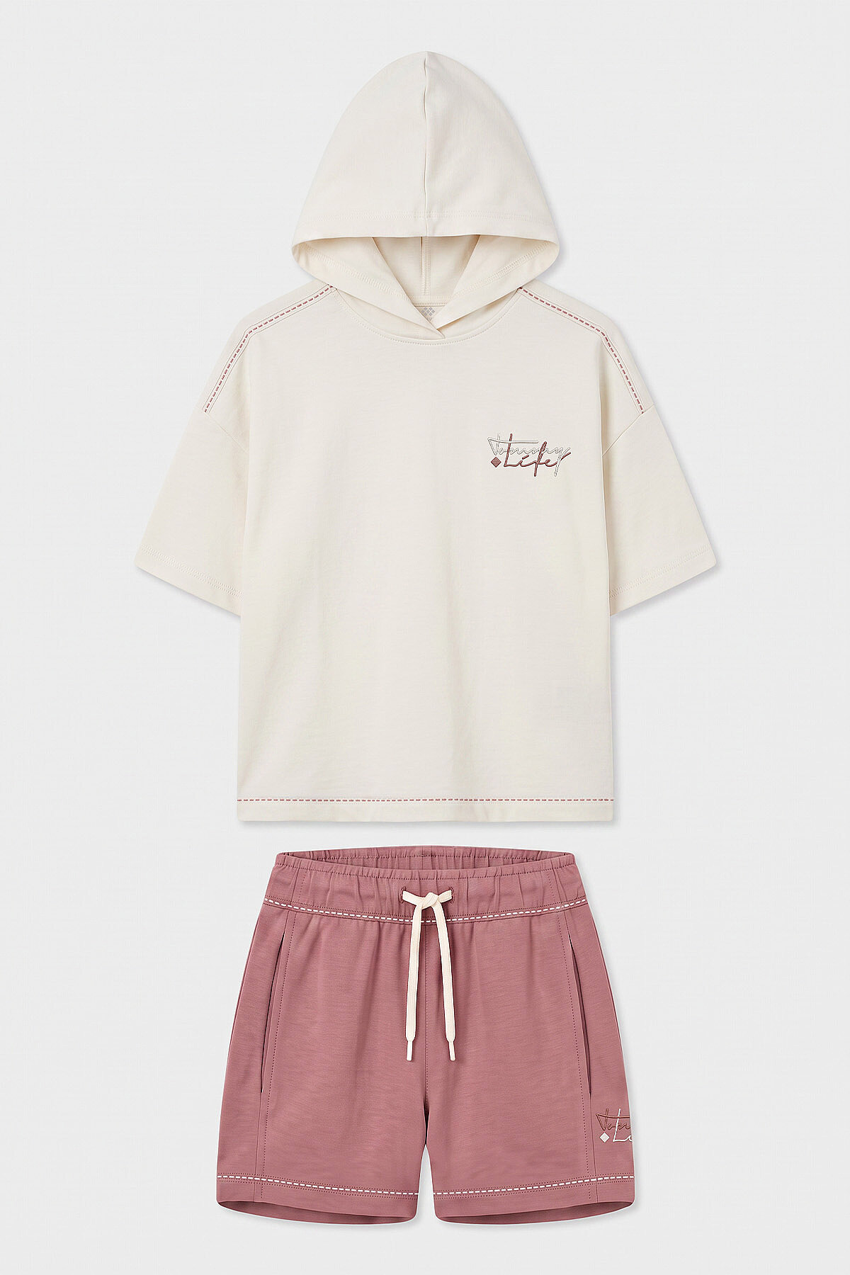 Ekru-Gül Kurusu Kapüşonlu Dikiş Detaylı Kız Çocuk Şort Takım - 75185 - TOMMYLIFE