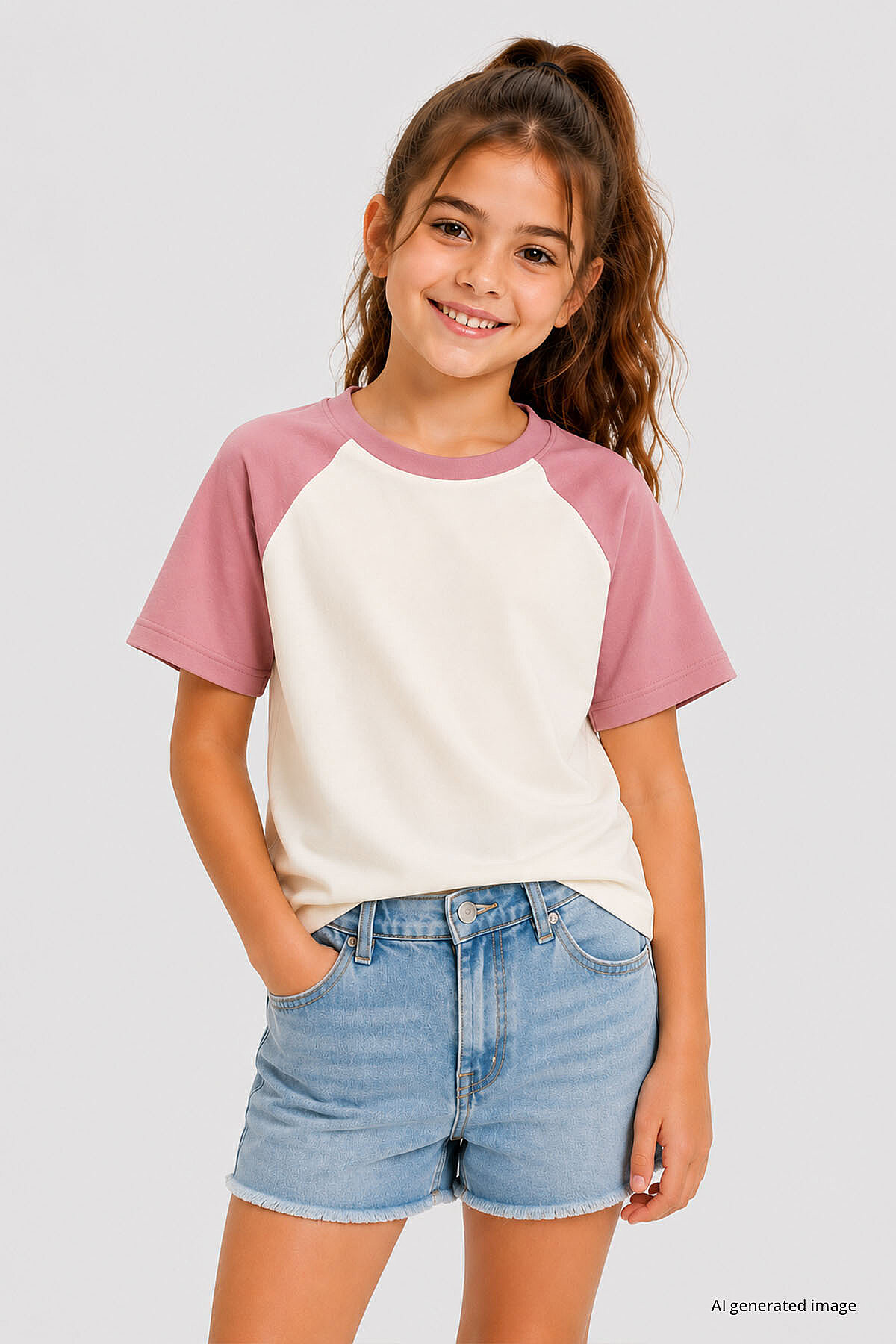 Ekru-Gül Kurusu Standart Fit Reglan Kollu Kız Çocuk T-Shirt - 75180 - TOMMYLIFE