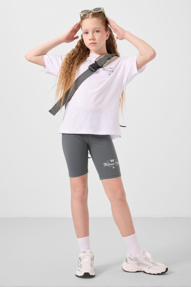 Ekru-Haki Pamuklu O Yaka Standart Fit Baskılı Kız Çocuk Tayt Takım - 75190
