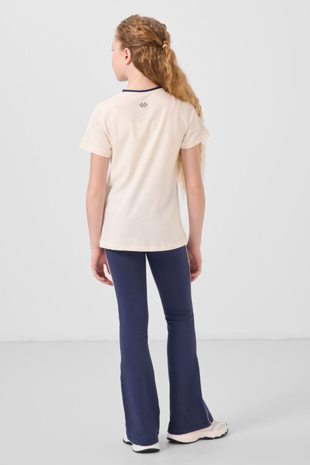 Ekru-İndigo Pamuklu O Yaka Standart Fit Basic İspanyol Paça Kız Çocuk Tayt Takım - 75192 - 6