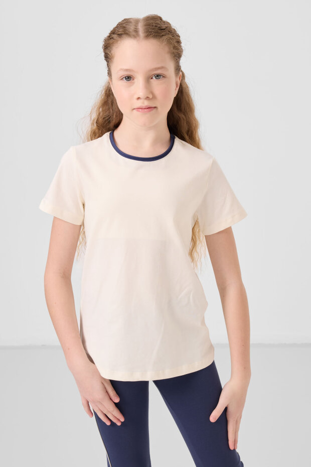 Ekru-İndigo Pamuklu O Yaka Standart Fit Basic İspanyol Paça Kız Çocuk Tayt Takım - 75192 - 3