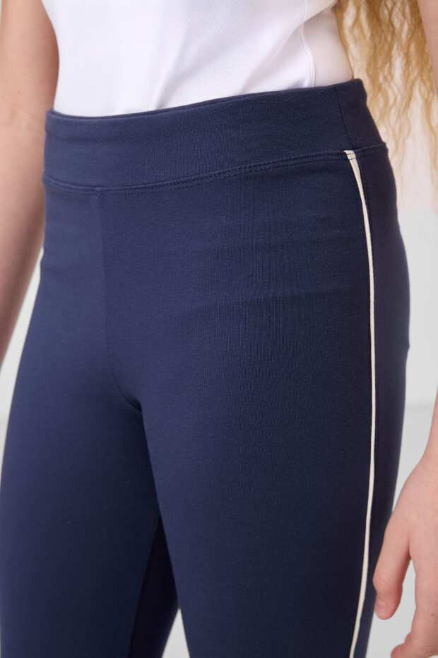 Ekru-İndigo Pamuklu O Yaka Standart Fit Basic İspanyol Paça Kız Çocuk Tayt Takım - 75192 - 4