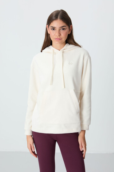 Ekru Kalın Yumuşak Dokulu Kapüşonlu Rahat Form Nakışlı Polar Kadın Sweatshirt - 97292 