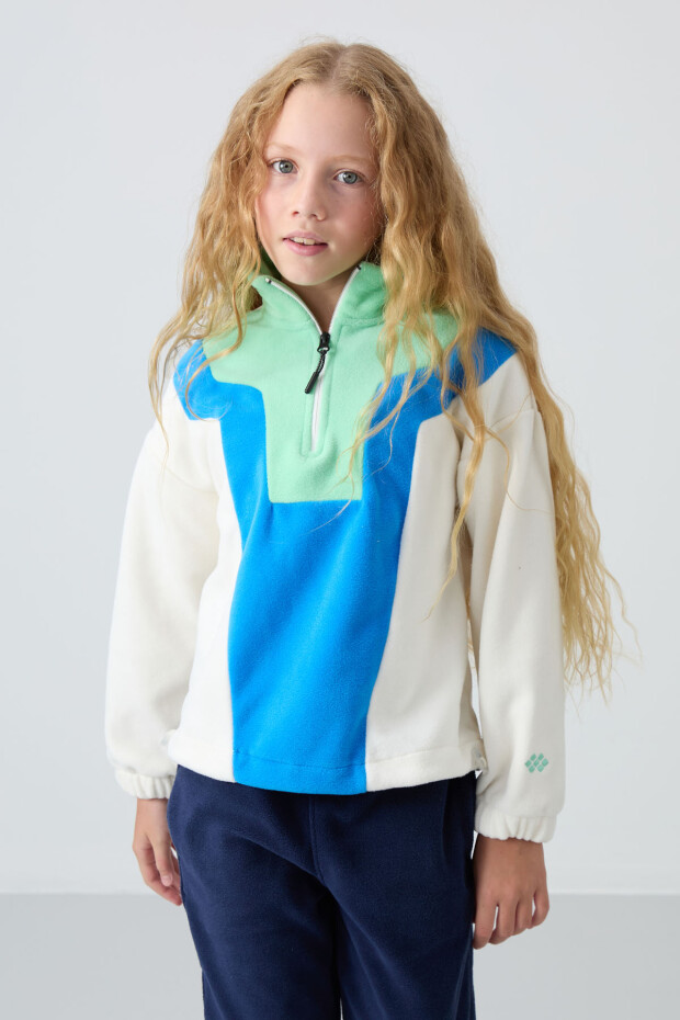 Ekru Kalın Yumuşak Dokulu Rahat Form Nakışlı Polar Kız Çocuk Sweatshirt - 75153 - 2