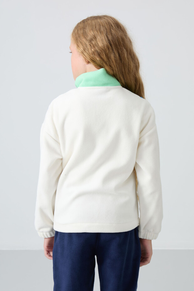 Ekru Kalın Yumuşak Dokulu Rahat Form Nakışlı Polar Kız Çocuk Sweatshirt - 75153 - 5