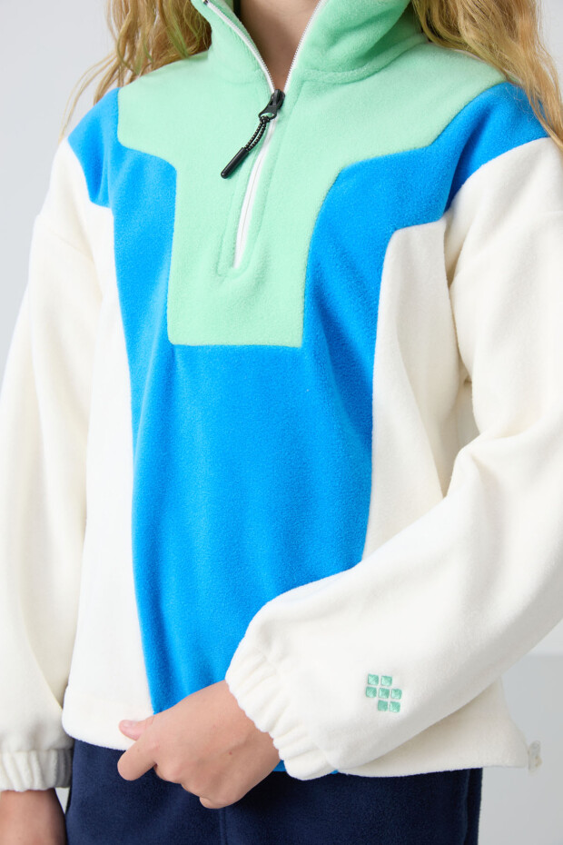Ekru Kalın Yumuşak Dokulu Rahat Form Nakışlı Polar Kız Çocuk Sweatshirt - 75153 - 3