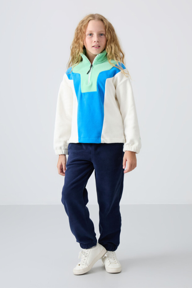 Ekru Kalın Yumuşak Dokulu Rahat Form Nakışlı Polar Kız Çocuk Sweatshirt - 75153 - 4