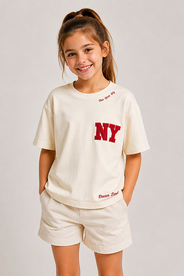 Ekru Oversize Kısa Kollu Baskılı Kız Çocuk T-Shirt - 75174 - 1