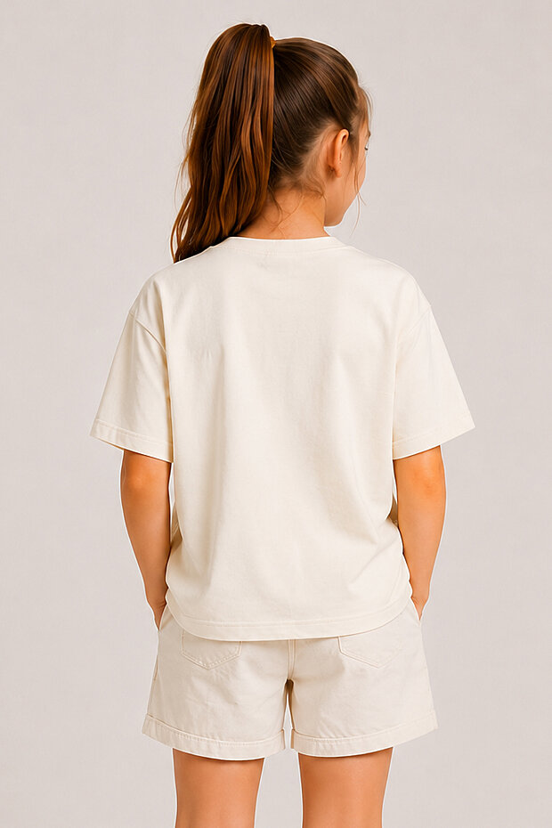 Ekru Oversize Kısa Kollu Baskılı Kız Çocuk T-Shirt - 75174 - 3