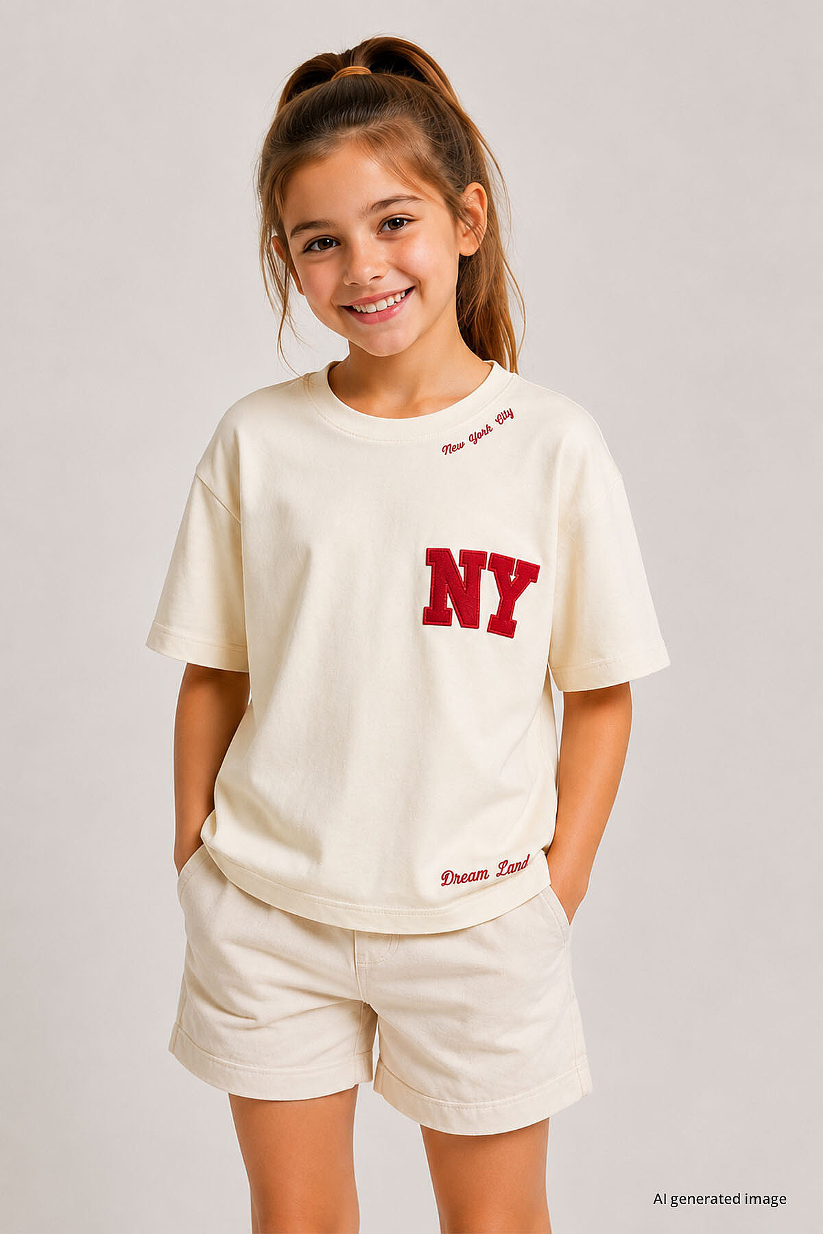 Ekru Oversize Kısa Kollu Baskılı Kız Çocuk T-Shirt - 75174 - TOMMYLIFE