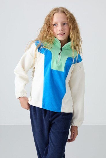 Ekru Kalın Yumuşak Dokulu Oversize Nakışlı Polar Kız Çocuk Sweatshirt - 75153 