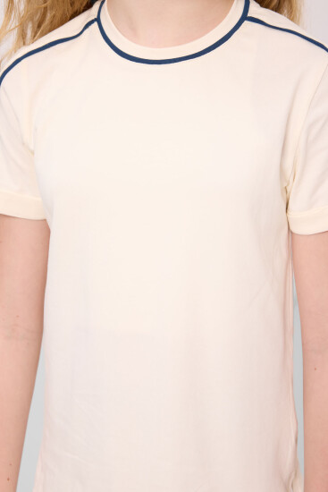 Ekru Pamuklu O Yaka Standart Fit Basic Kız Çocuk T-Shirt - 75177 - Thumbnail