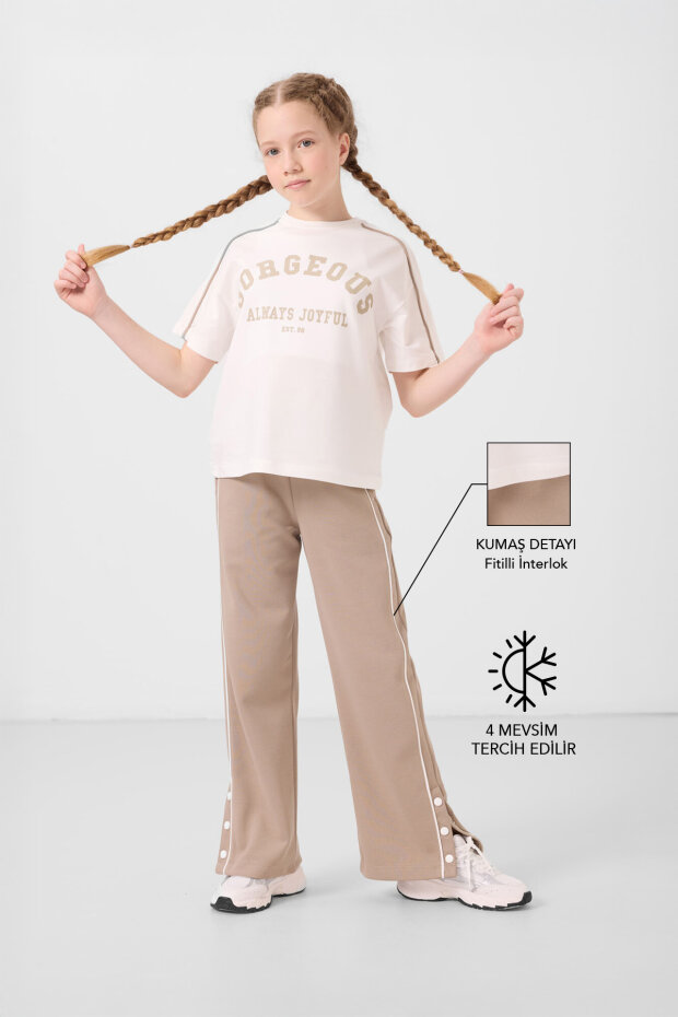 Ekru-Koyu Bej O Yaka Baskılı Geniş Paça Çıt Çıt Detaylı Kız Çocuk Palazzo Eşofman Takım - 75172 - 3