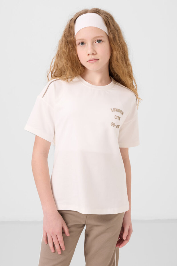 Ekru-Koyu Bej O Yaka Baskılı Lastik Paçalı Standart Fit Kız Çocuk Eşofman Takım - 75186 - 3