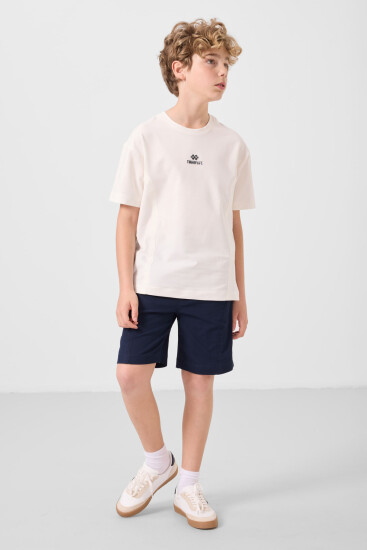 Ekru-Lacivert Pamuklu Oversize Fit Dokuma Hafif Esnek Chino Erkek Çocuk Şort Takım - 11276 - Thumbnail