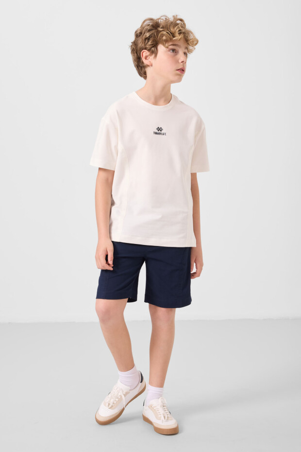 Ekru-Lacivert Pamuklu Oversize Fit Dokuma Hafif Esnek Chino Erkek Çocuk Şort Takım - 11276