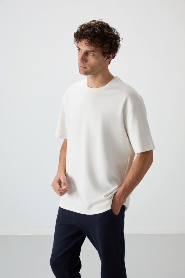 Ekru - Lacivert Pamuklu Kalın Yumuşak Dokulu Oversize Fit Basic Erkek Eşofman Takım - 85251 - 2