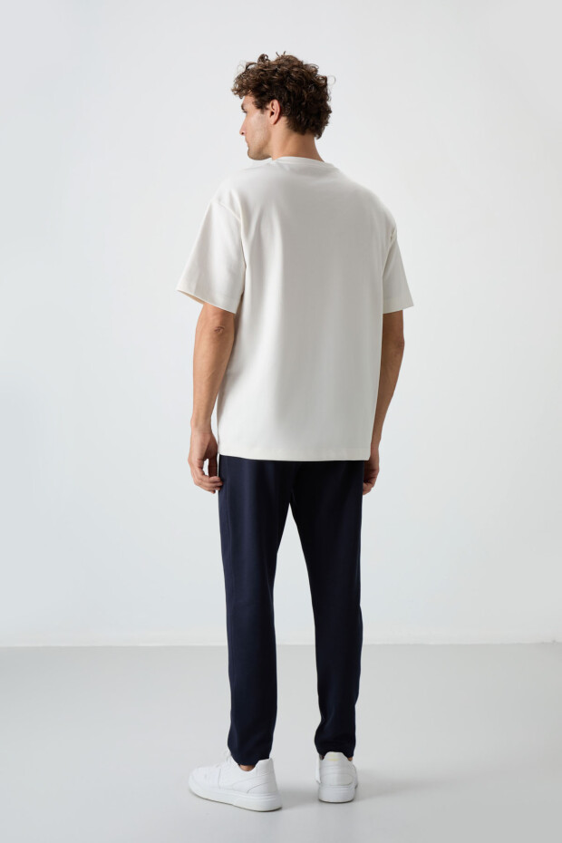 Ekru - Lacivert Pamuklu Kalın Yumuşak Dokulu Oversize Fit Basic Erkek Eşofman Takım - 85251 - 8