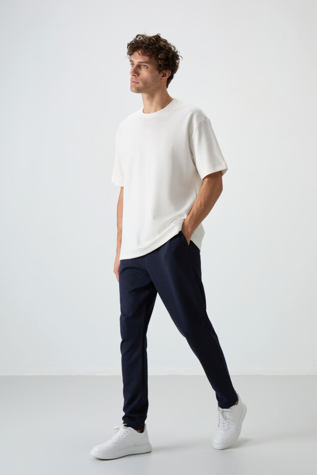 Ekru - Lacivert Pamuklu Kalın Yumuşak Dokulu Oversize Fit Basic Erkek Eşofman Takım - 85251 - 6