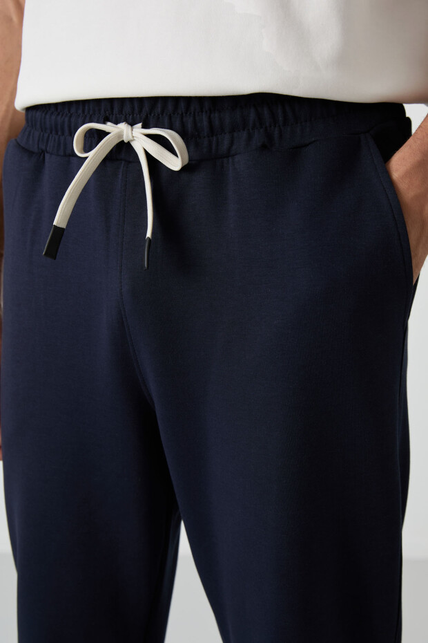 Ekru - Lacivert Pamuklu Kalın Yumuşak Dokulu Oversize Fit Basic Erkek Eşofman Takım - 85251 - 3